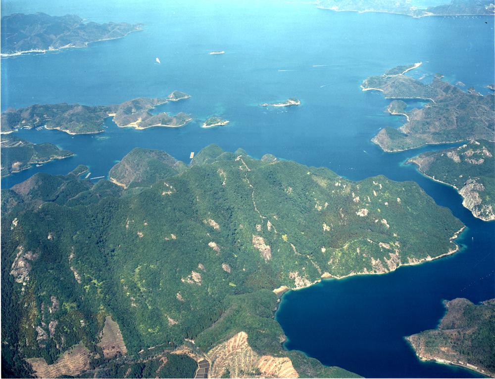 金田城跡（城山）を上空から撮影した写真